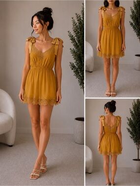 Rodarte Mustard yellow slip mini dress with tulle overlay and shoulder bows